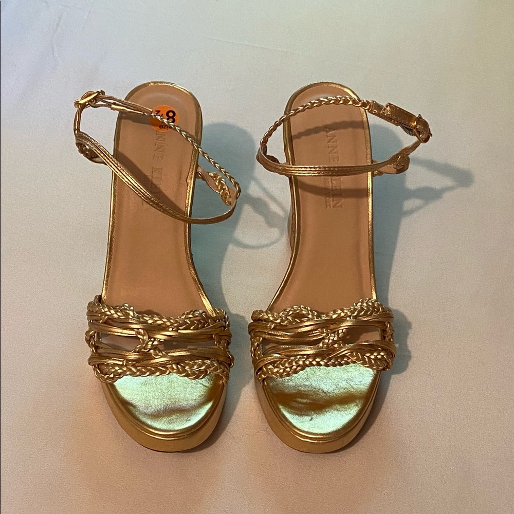 Anne Klein gold strappy wedge heels